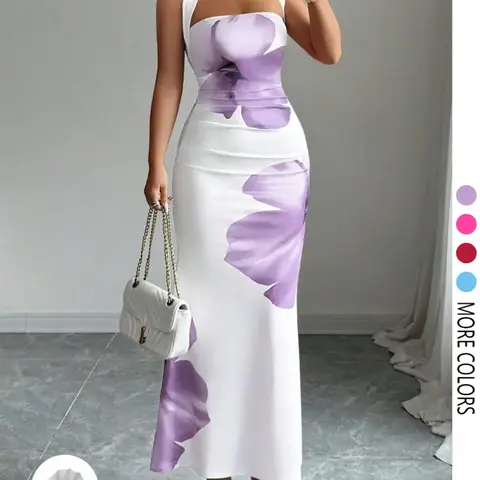 Women'sSummer Halter Adjustable Tie Waist Slim Fit Elegant Chic Printed Mid-Length Dress