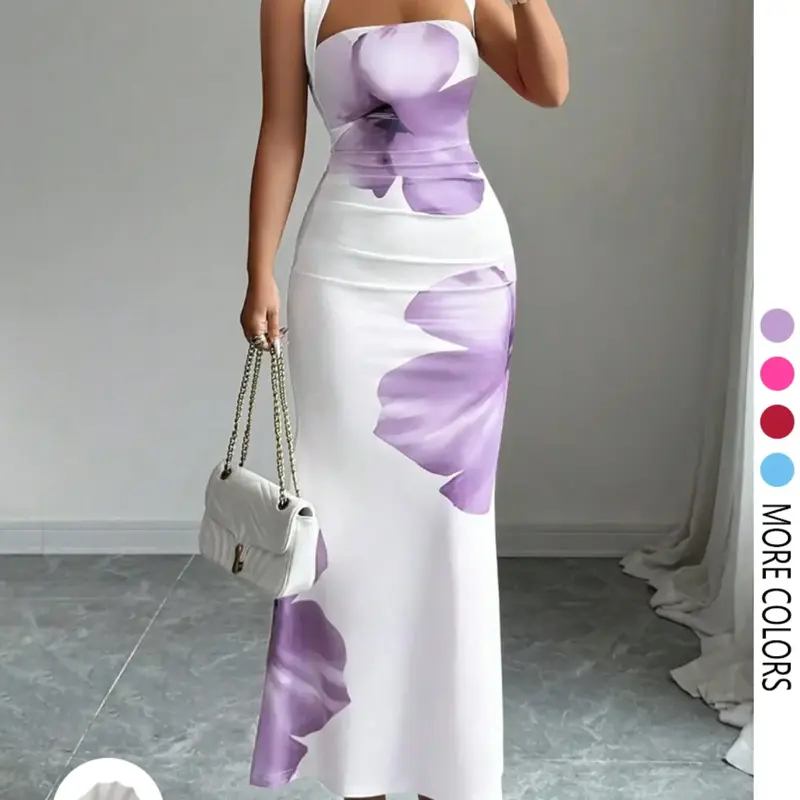 Women'sSummer Halter Adjustable Tie Waist Slim Fit Elegant Chic Printed Mid-Length Dress