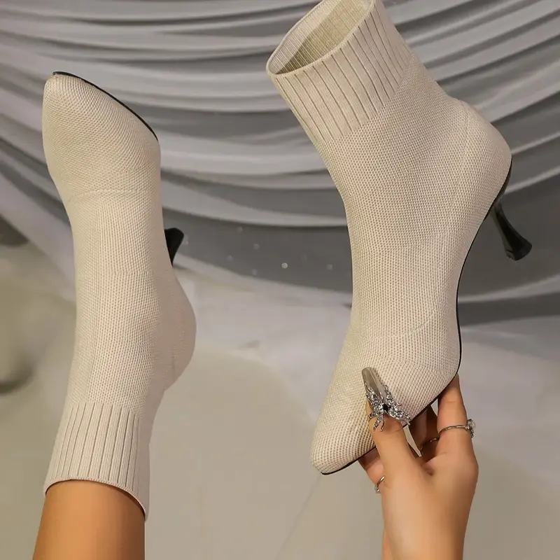 Women's Fashion Pointed Toe High Heels Socks Boots, Pointy Toe Boots, Stretch-knit Ankle Boots with Slimming Fit Design, Booties for Spring Autumn, Gifts for Her, Breathable Comfortable Footwear, Versatile Boots, Casual Warm Boots #GLOBAL PICKS
