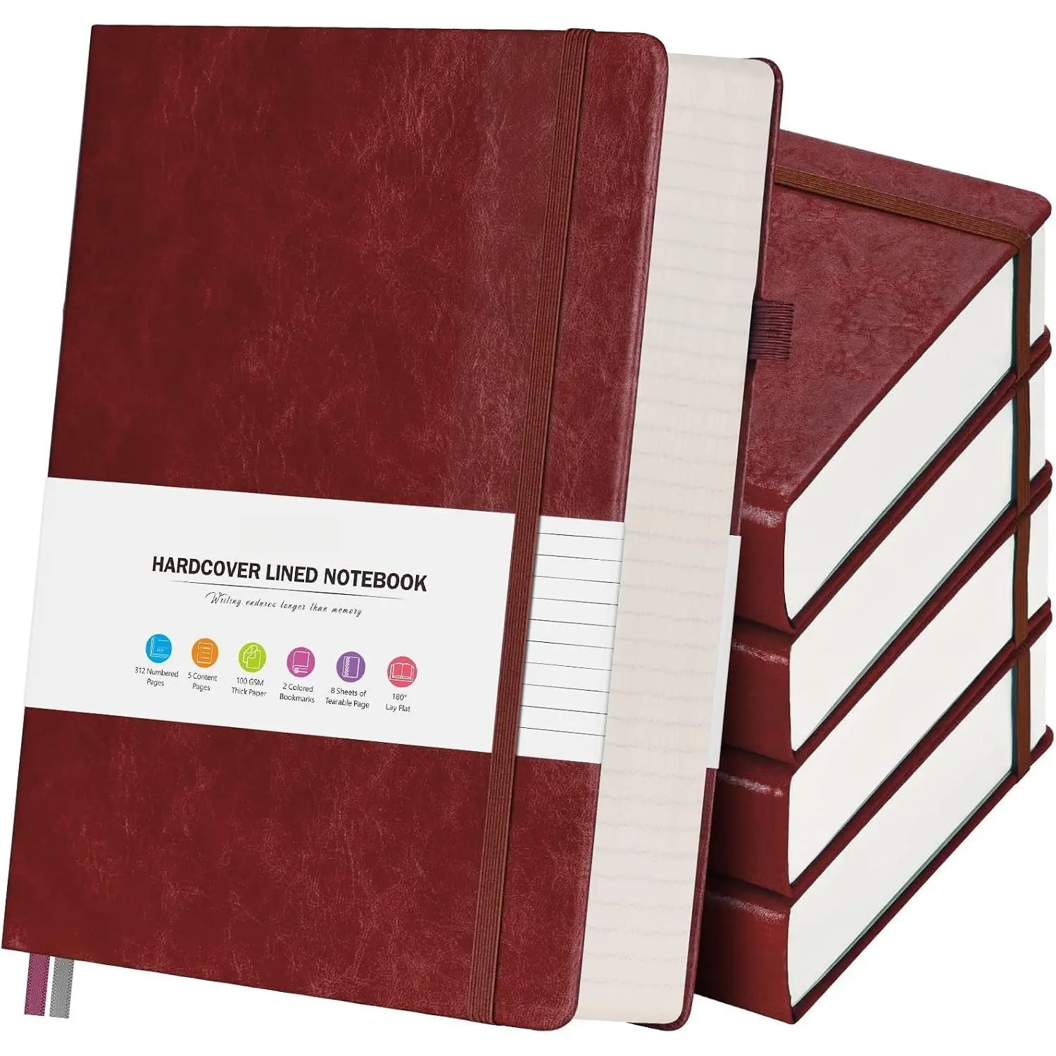 5 Pack College Ruled Notebook Bulk, A5, 312 Numbered Page Thick Journal Set | Cost-Effective 5 Pack 1600 Pages , 100gsm No Bleed Paper, Leather Hardcover, Lay-Flat, for Writing, Work, Employee Gifts