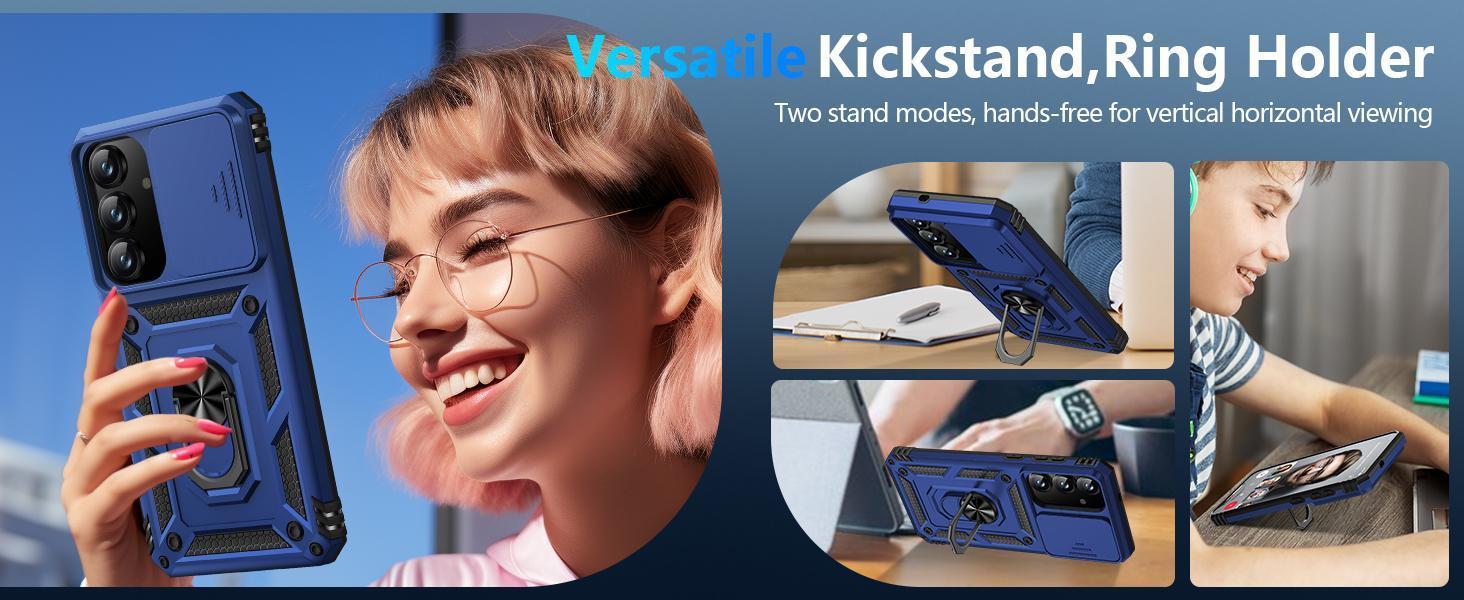 for Samsung Galaxy S25 FE Case with Screen Protector & Slide Camera Lens Cover, Built-in Magnetic Ring Stand Shockproof Protective Phone Case for Samsung S25 FE Case (Blue)