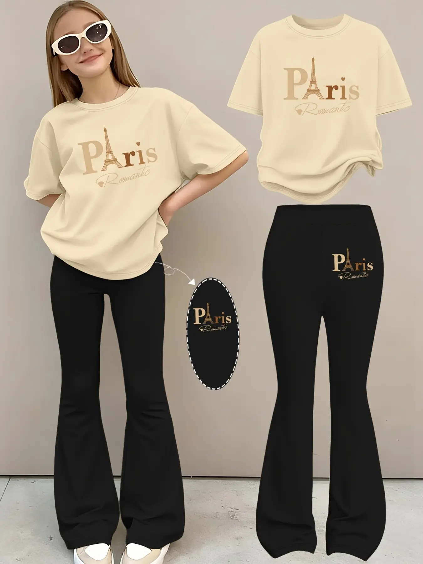 Classic casual teen girl stretch breathable vintage paris tower script graphic short top and black flare long pants matching set for girls ideal for after school outing picnic coffee date city shopping trending girls spring summer streetwear Fashion