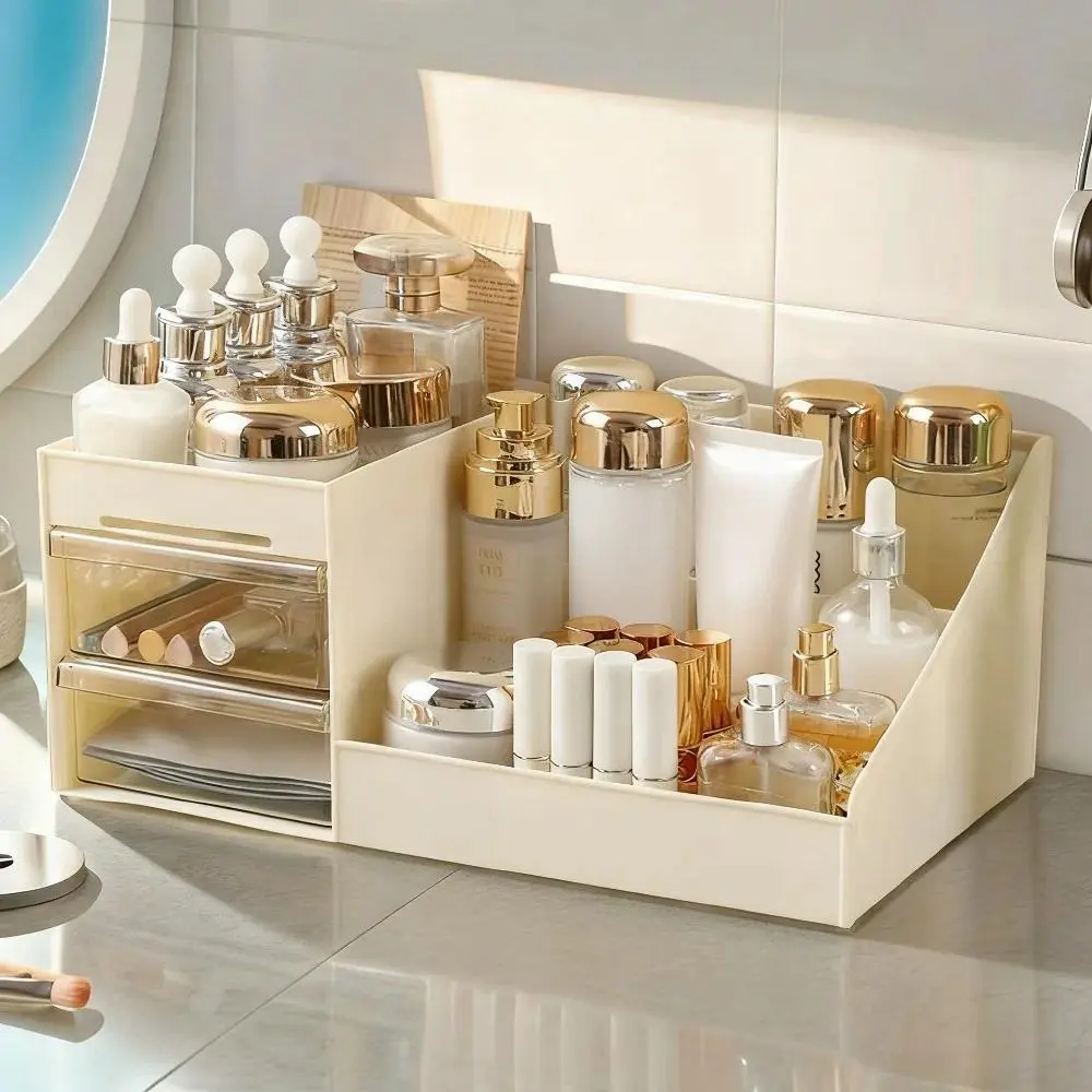 Cream Color Cosmetic Storage Box with Drawer, Cosmetics Organizer Storage, Desk Storage, Special for Dresser, Suitable for Lipstick, Eye Shadow, Makeup Brush, Cotton Swab, Facial Mask, Cosmetic Organiser