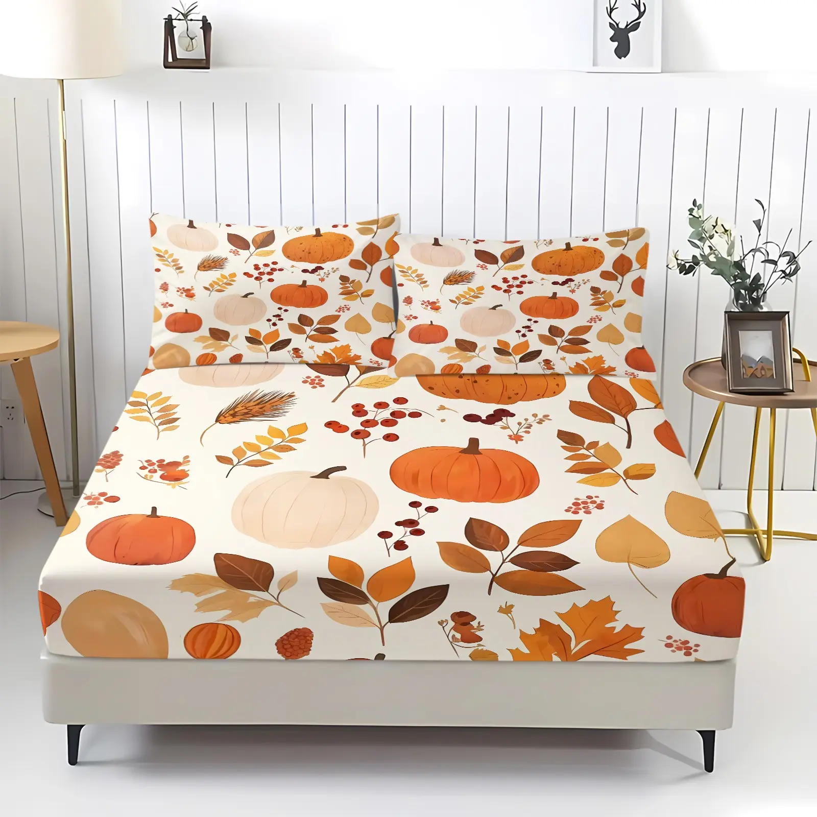 Autumn Pumpkin Maple Leaf Fitted Sheet Set, Bed sheet set, Fall Harvest Digital Print Bedding, Soft Deep Elastic Pocket, Machine Washable, Includes 2 Pillowcases - without Core, Warm Season Home Bedroom Decor