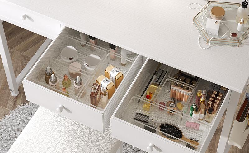 Lufeiya White Makeup Vanity Desk with Mirror and Lights, 40 inch Make Up Vanity Desks with Fabric Drawers & Power Outlet, Dressing Table and Chair Set for Girls Bedroom, White/White Gold, Get Free Gift