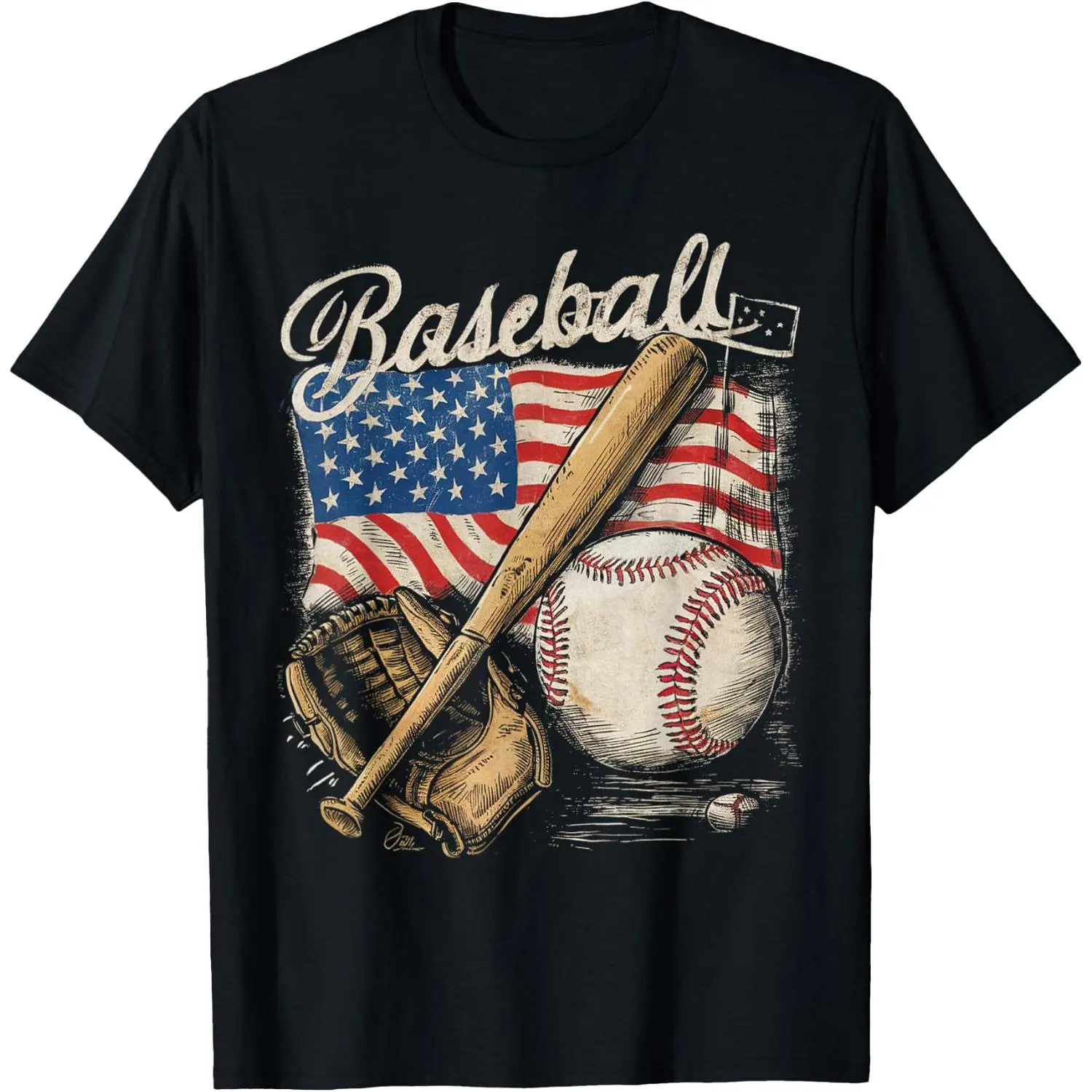 American Flag Baseball Player Bat Fan Catcher Pitcher USA T-Shirt