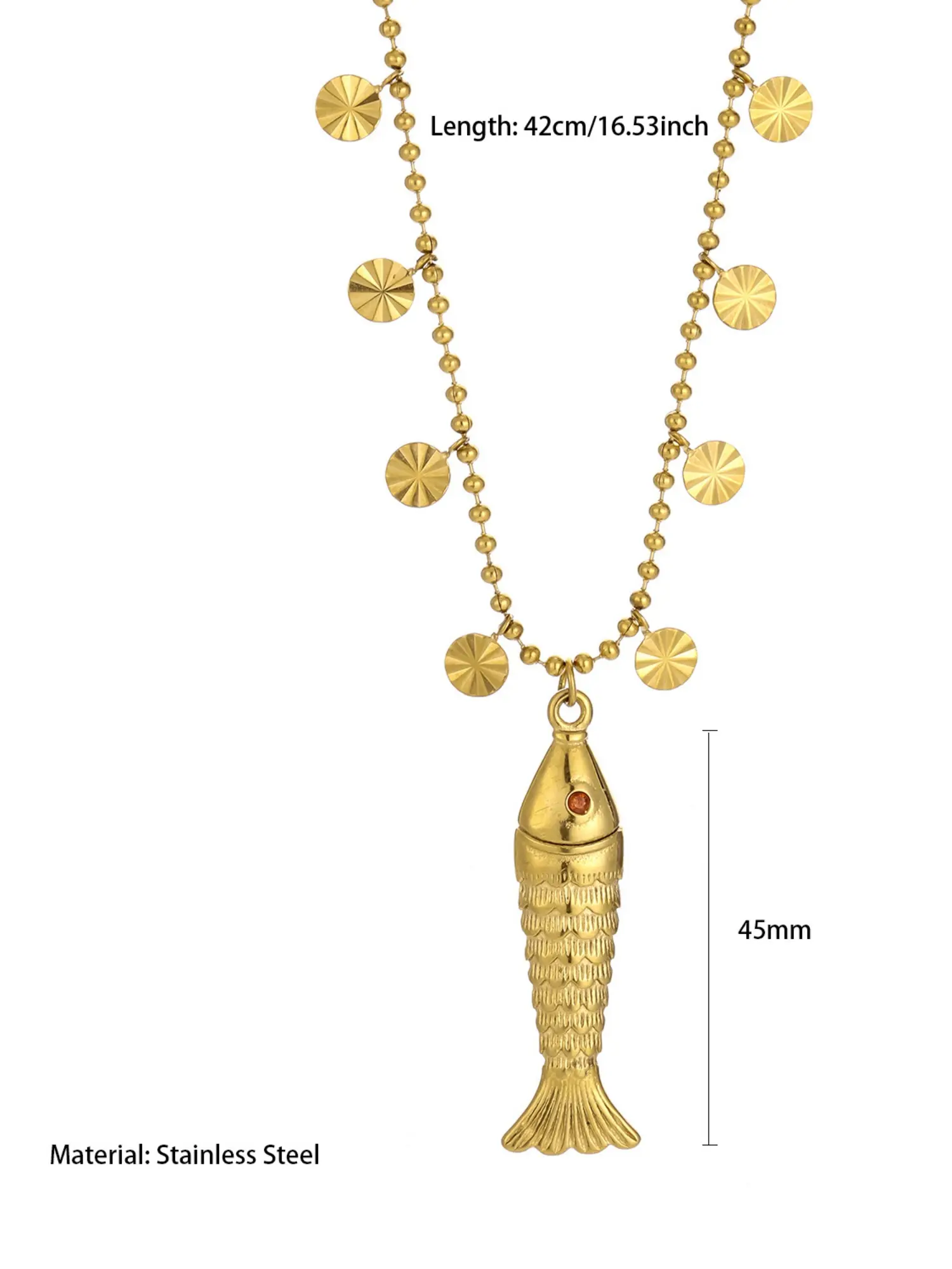 18k Stainless Steel Fish Pendant Necklace, Round Disc Bell Charm, Unique Design Jewelry for Women, Trendy Accessory for Daily Wear