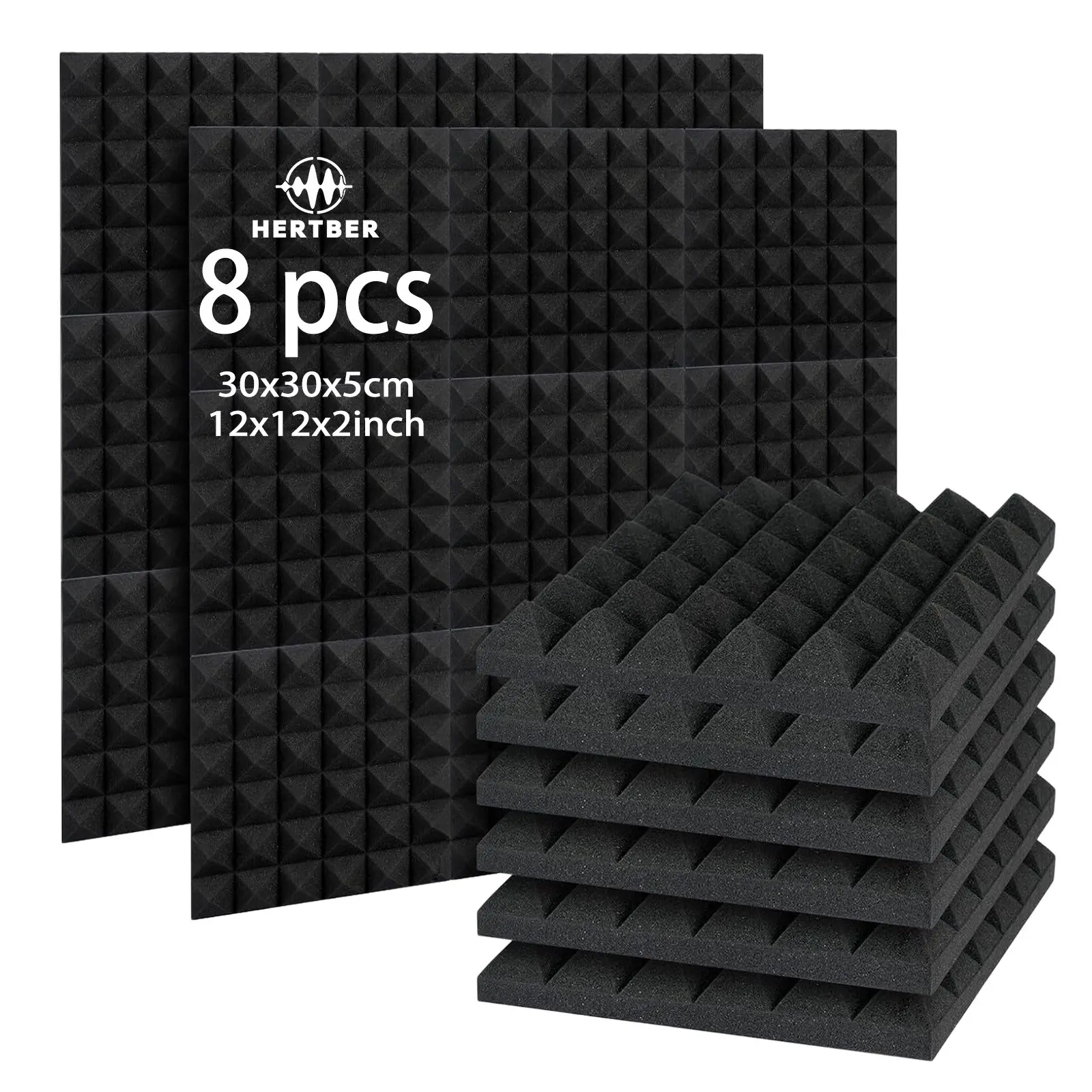 8Pcs Pyramid High‑Density Acoustic Foam Panels 30x30x5cm Black Sound Insulation Panels, DIY Spliceable for Various Shapes, Wall Decoration for Whole‑House Renovation, Recording Studio, Workroom & Home Theater, Optimize Acoustic Environment