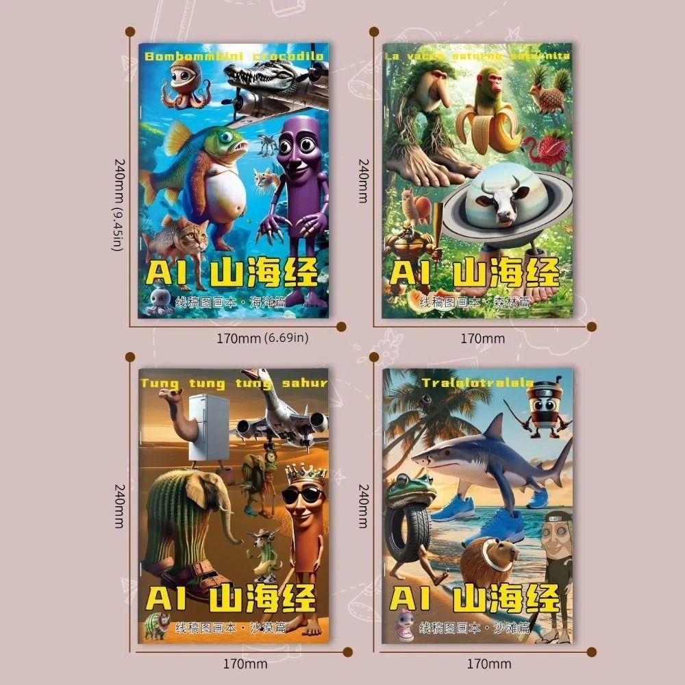 AI Shan Hai Jing Tungtungsahur Cartoon Coloring Book Bombommbini crocodilo Tralaotralala Graffiti Copy Sketch Book Painting DIY