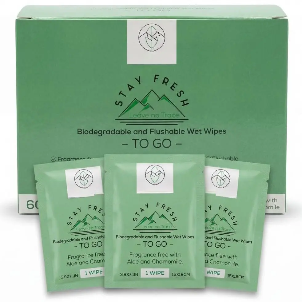 STAY Flushable Wet Wipes, 60-Count Travel Size - Biodegradable, PH Balanced, Unscented, Infused with Aloe, Chamomile, Rose Extract for Gentle Care