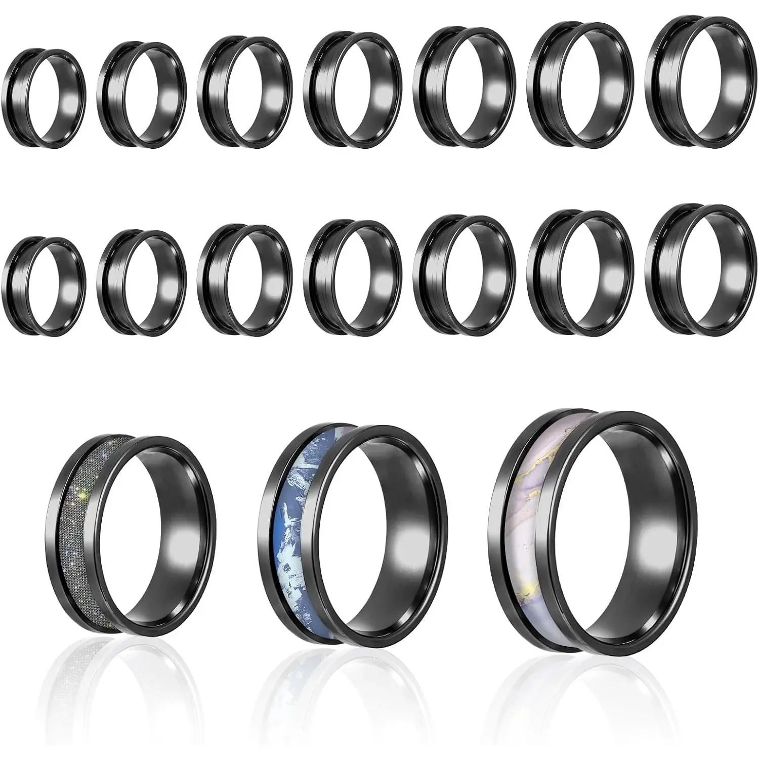 Ring Blanks, 14 count Stainless Steel Finger Rings Grooved Core Inlay Blank Rings  Size 6/7/8/9/10/11/12 Empty Ring Blanks for  Making Kit Supplies (Black)