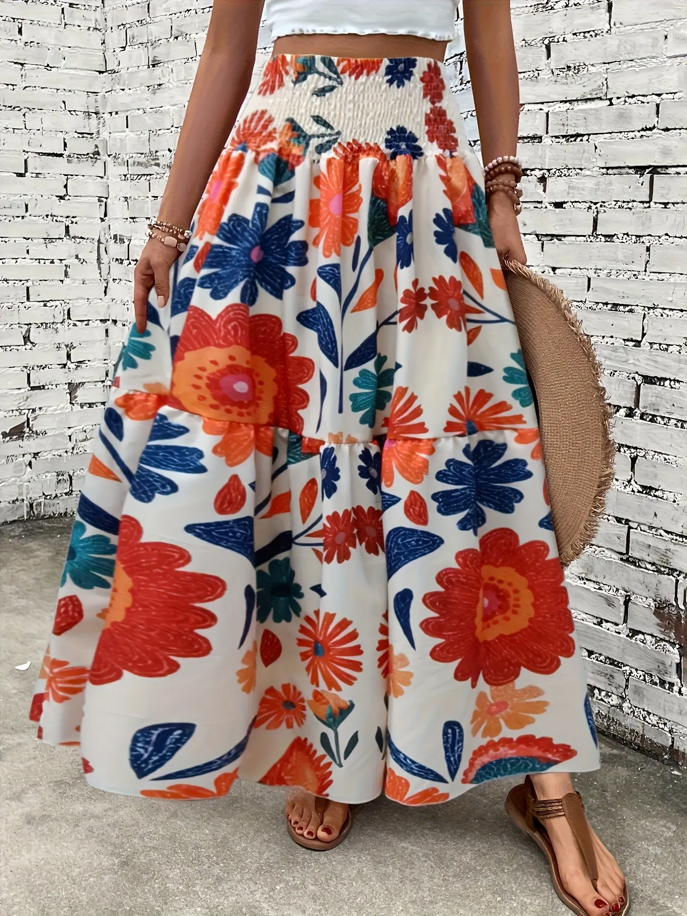Women's Floral Print Midi Skirt, Multicolor Bright Flowers Bohemian Style, Paisley Pattern, Beachwear, Perfect for Vacation Beach Daily Wear