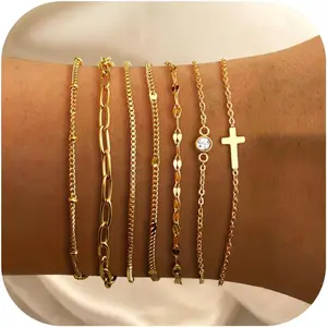 Women's 7-PC 14K Gold Plated Stackable Bracelet Set, Dainty Exquisite Cuff/Cross/Cuban Chain Bracelets, Waterproof Adjustable Thin Link, Non Tarnish Hypoallergenic Gold & Silver Tones Jewelry for Women, Stackable Bracelets