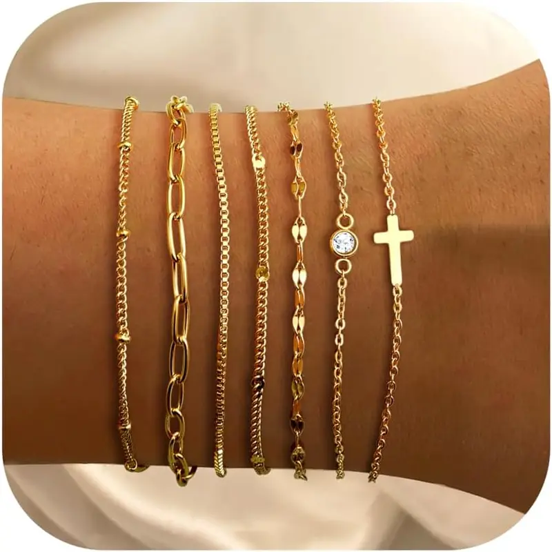 Women's 7-PC 14K Gold Plated Stackable Bracelets Set - Exquisite, Cross, Cuban Chain Styles, Waterproof Adjustable Thin Link, Non-Tarnish Hypoallergenic Gold & Silver Tones Jewelry for Women
