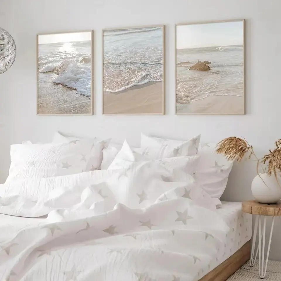 3pcs Bohemian Neutral Beach Landscape Canvas Paintings, Modern Sunset Coastal Nature Art, Living Room Bedroom Decor, Frameless Poster