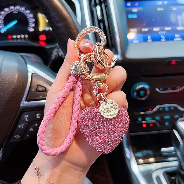 Full Rhinestone Clay Heart Keychain, Bling Love Heart Car Key Ring with Braided Leather Strap, Luxury Bag Charm Accessory for Women