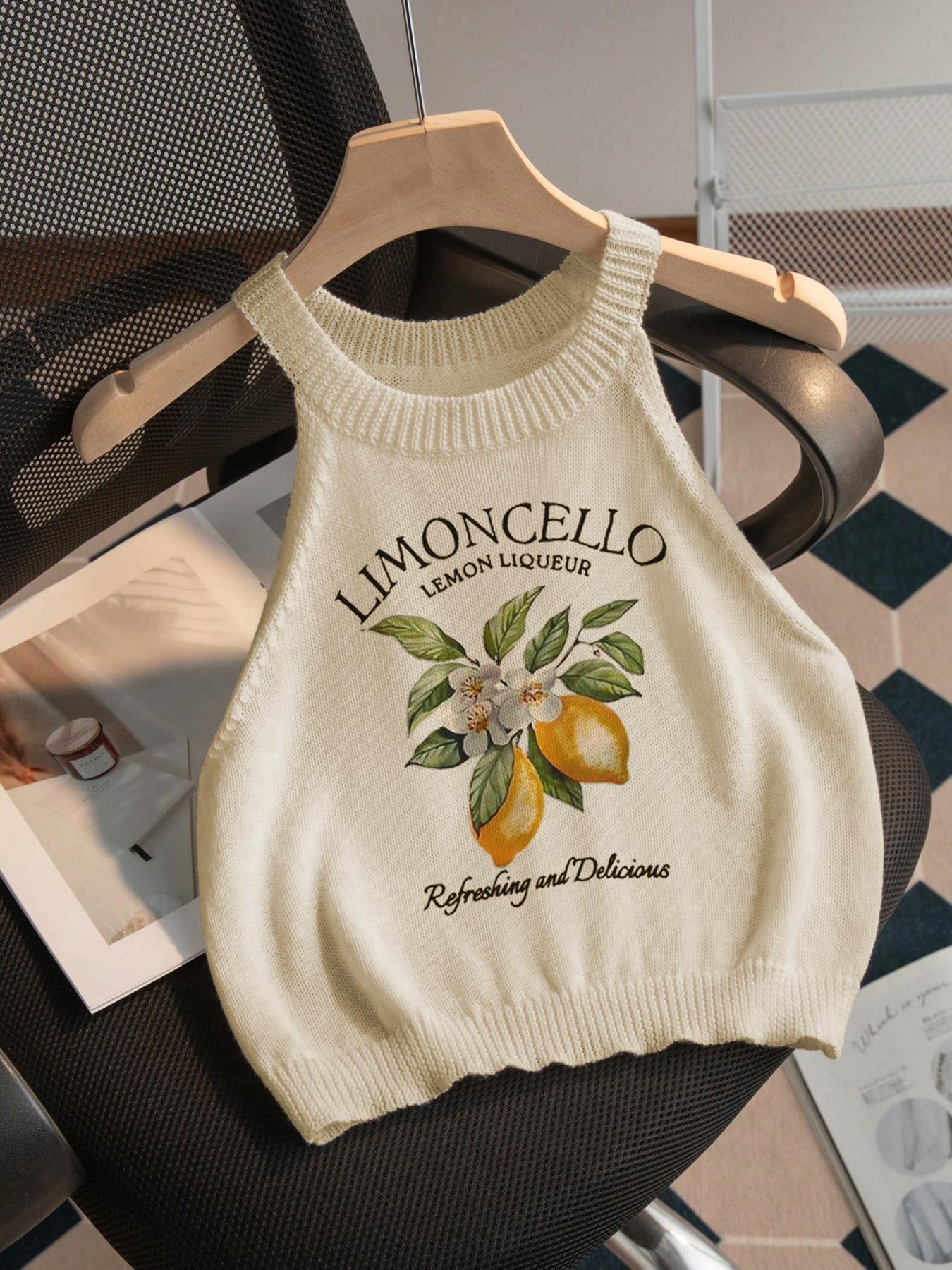 Women's Lemon Print Round Neck Crop Sweater Vest, Casual Lettuce Trim Sleeveless Knit Tank Top for Summer, Fashion Women's Knitwear for Daily Wear