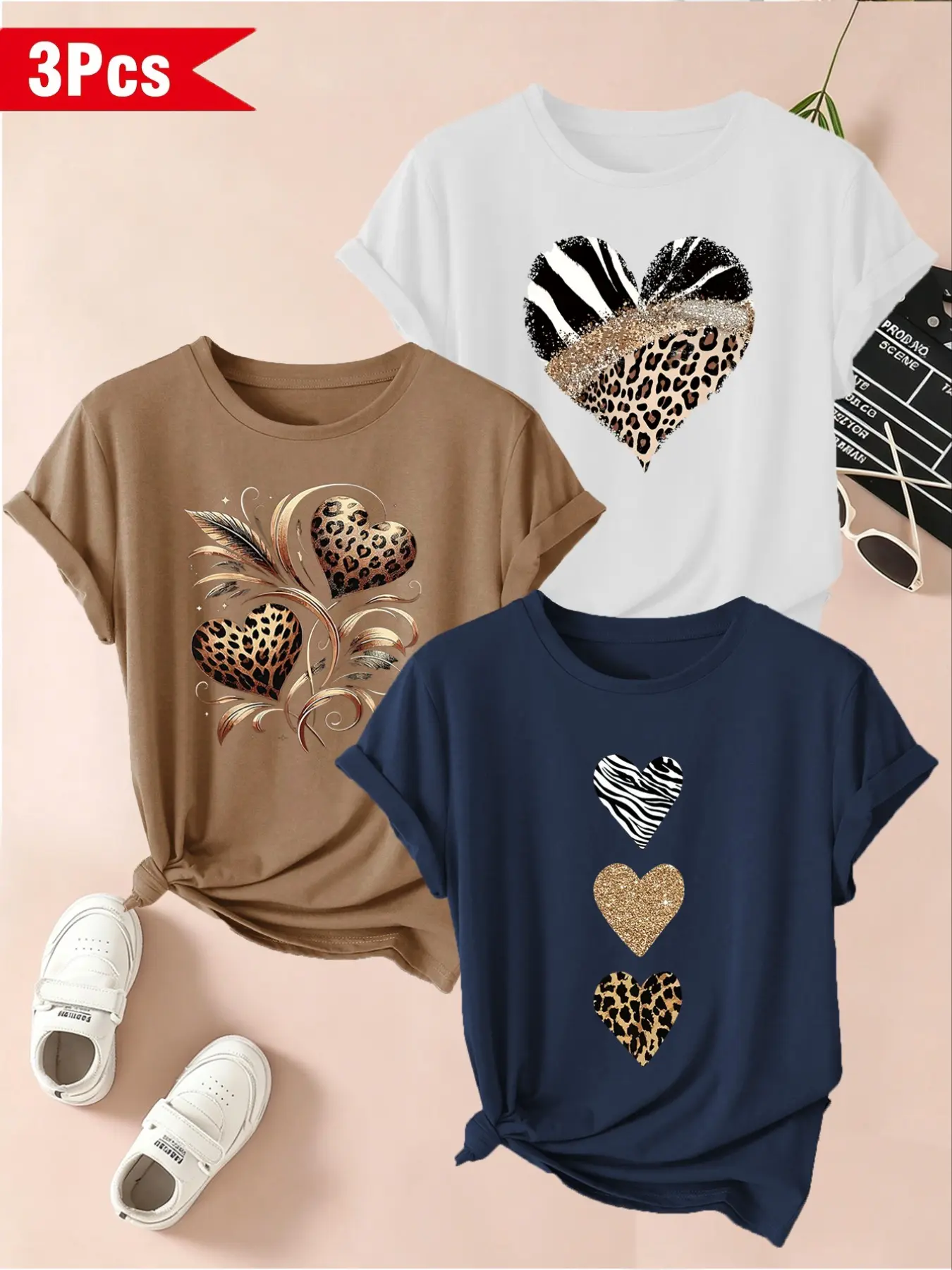 Women's 3-Pack Heart Print Short Sleeve T-Shirts, Round Neck Casual Sporty Tops, Summer Basic Pullovers, Fashion Women's Clothes