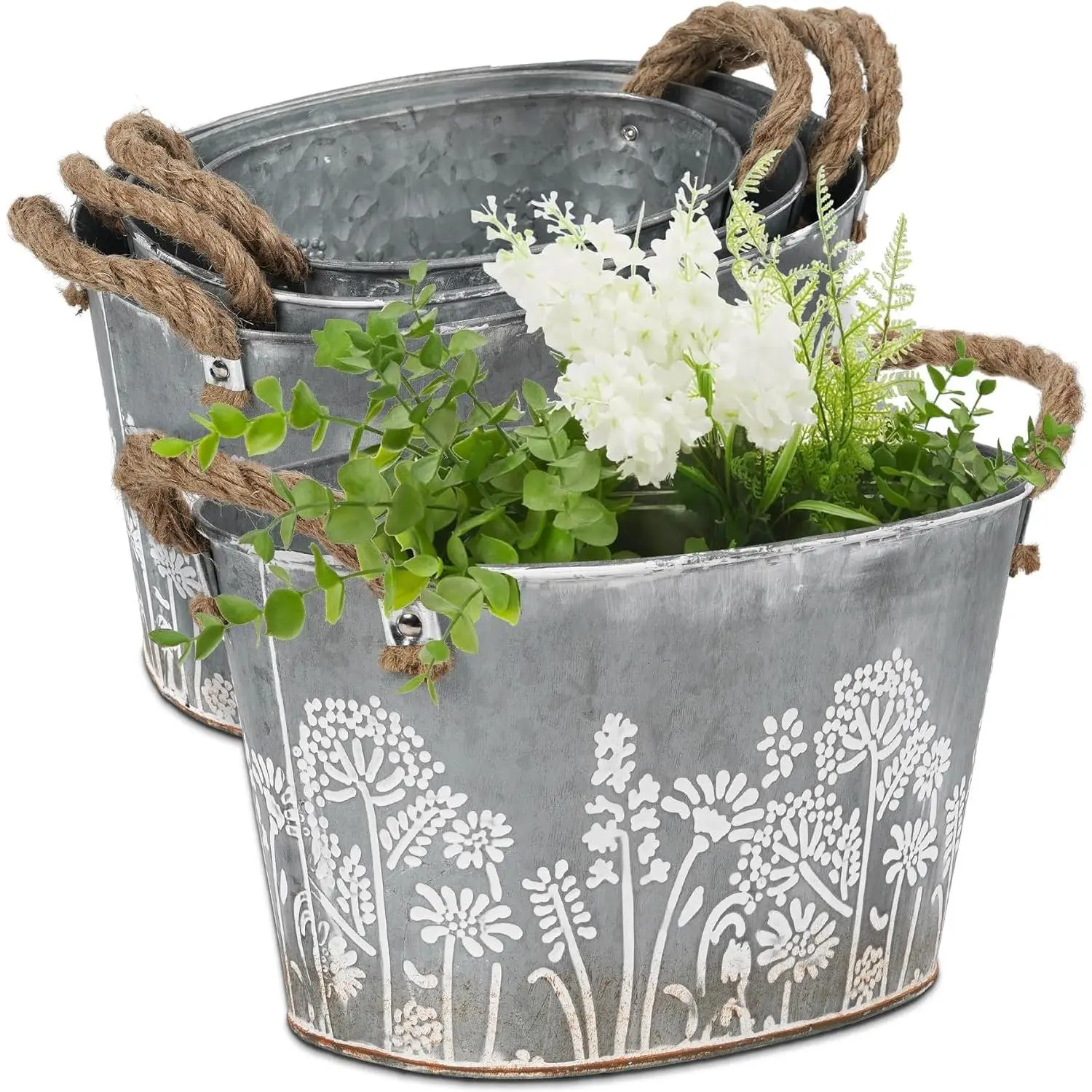 3 Pack Oval Galvanized Planter Tubs, Garden Metal Rustic Flower Pots for Outdoors, Rustproof Tin Bucket Vintage Plant Pot, Large Shallow Flower Bucket with Handles