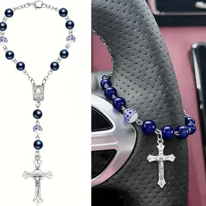 Unique Christian Car Gift| Cross Steering Wheel Prayer Beads Charm| Catholic Prayer Protection Ornament| Multicolor Options| Material: ABS