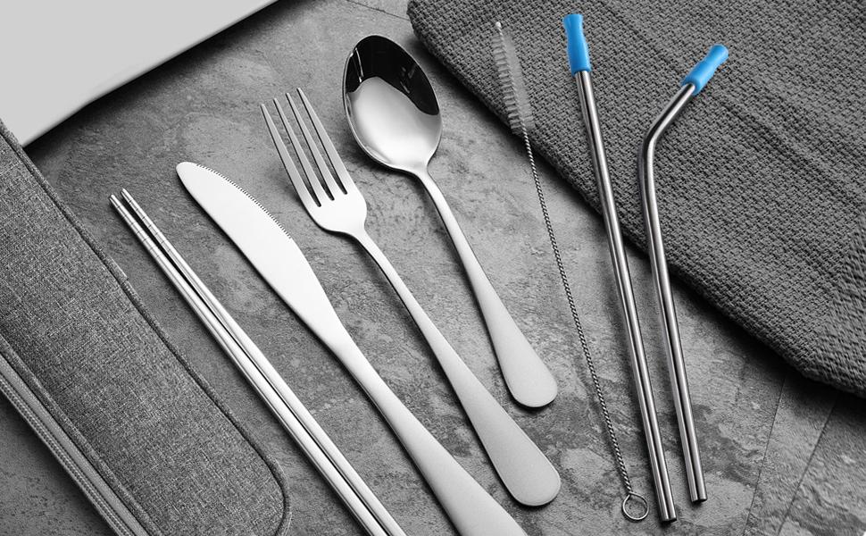 Travel Utensils Set with Case Reusable Portable Cutlery Set Stainless Steel 8pcs Including Dinner Fork Spoon Chopsticks Straws(Silver)