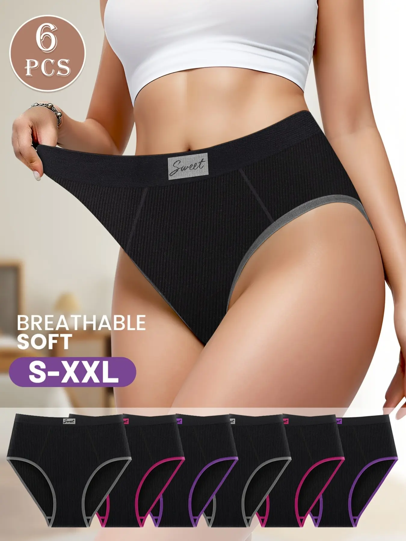 6-Pack Women's Underwear, Trendy Street Style, Sweet Patchwork Wide Waist Triangle Panties, Suitable for Teen Girls' Sleepwear