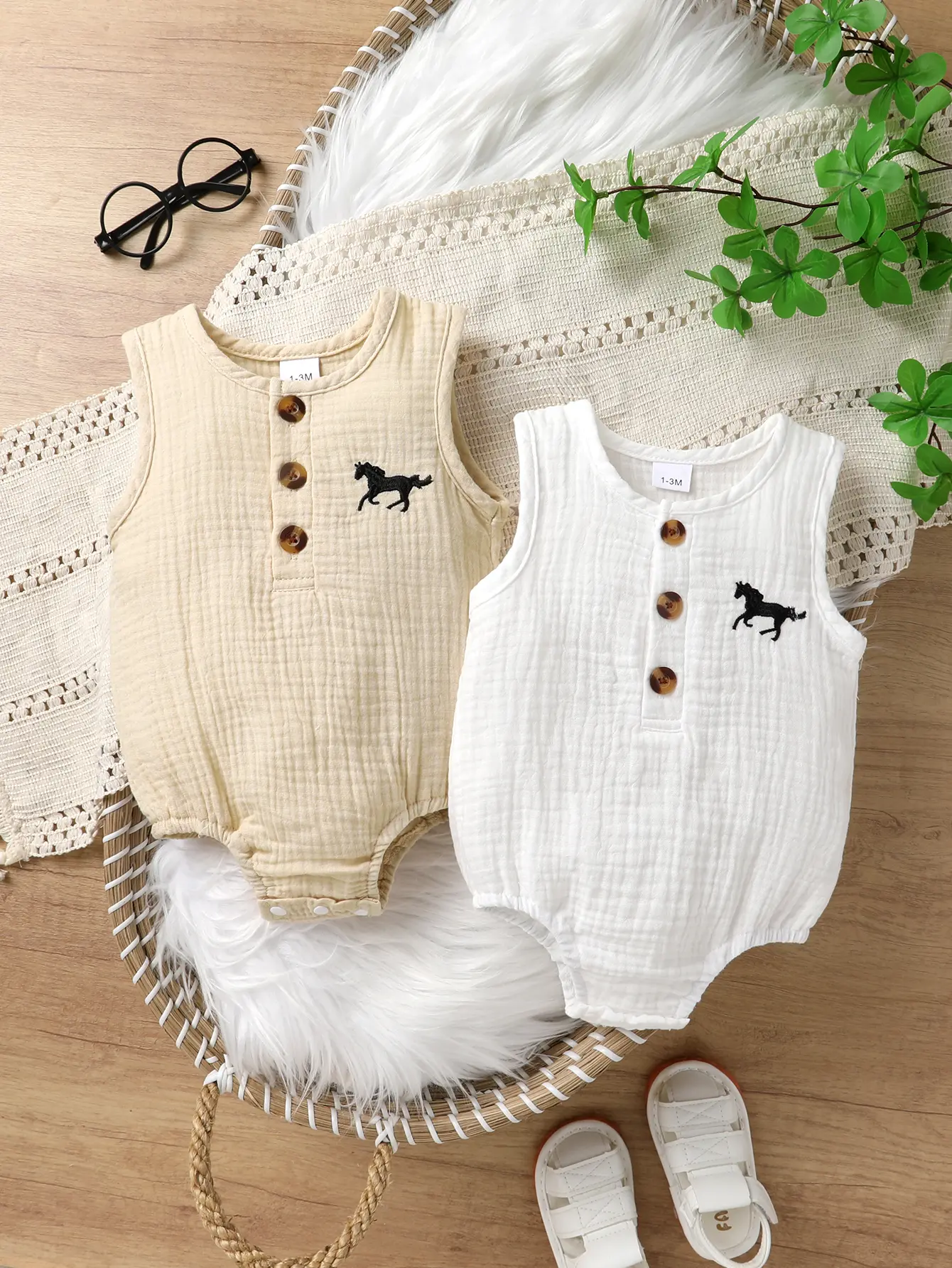 Baby Horse Print Romper Set - Soft Cotton Material, Button Closure, Available in Beige and White Colors, Perfect for Newborns and Babies