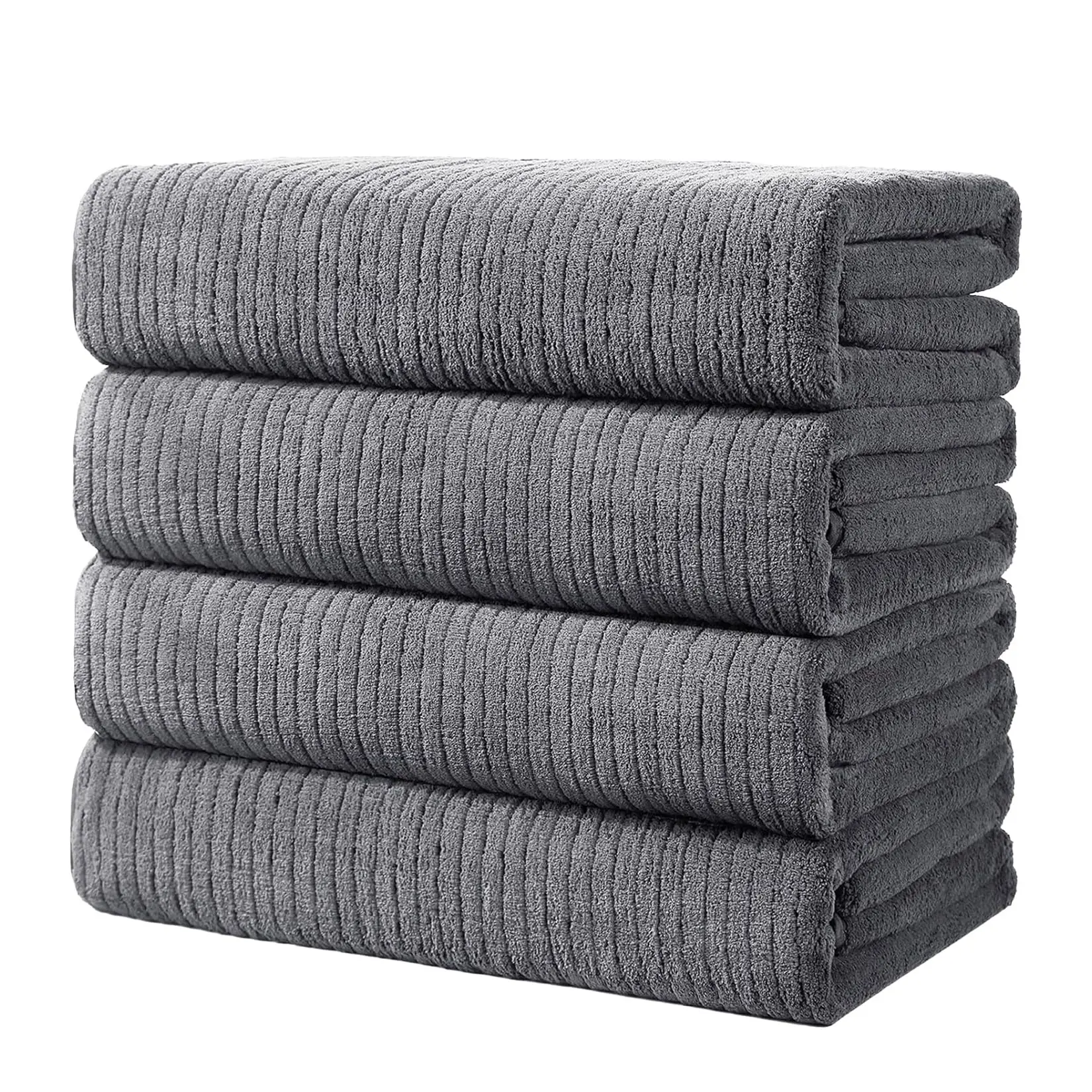 4-Pack Grey Striped Extra Large Ribbed Shower Towels, 35.4"×70.9" Lightweight Polyester Towels with Hanging Loop, Highly Absorbent Quick Dry for Bathroom & Beach
