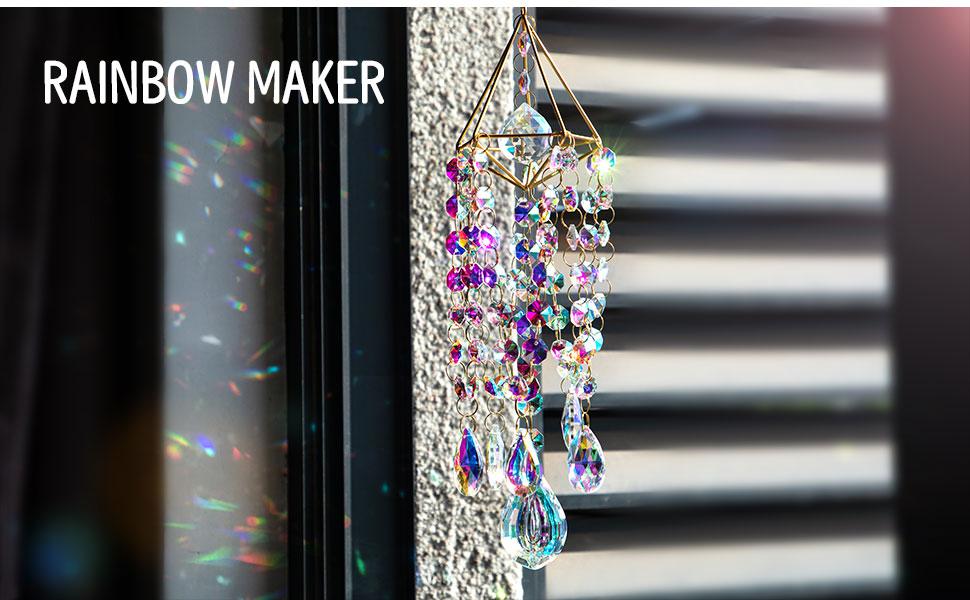 Crystal Suncatchers for Window Hanging Wind Chime Style Garden Sun Catchers with Crystals Rainbow Maker Indoor Outdoor Decor Handmade Gold Plated