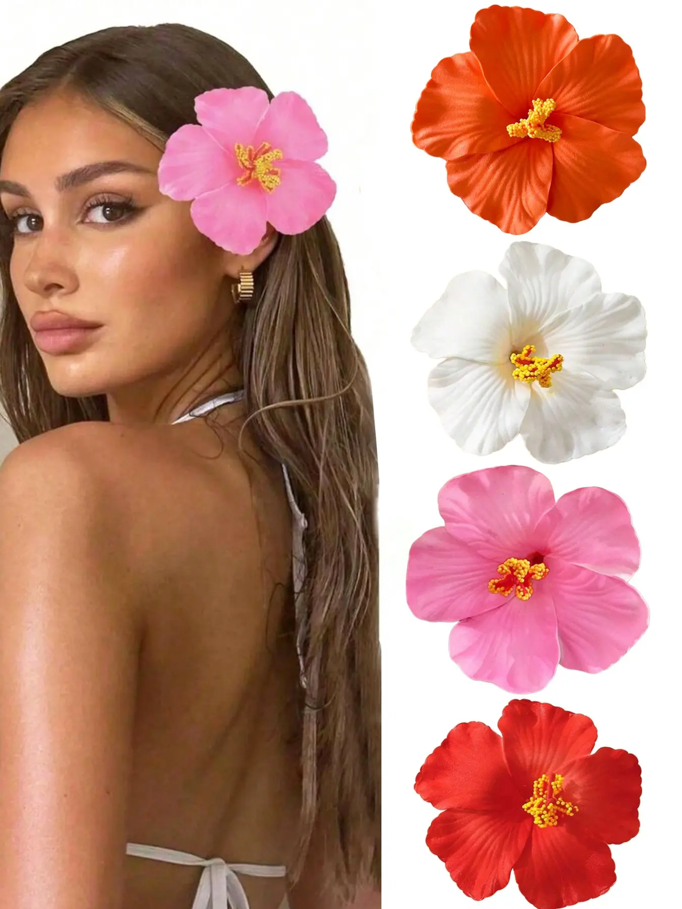 4pcs Hibiscus Hawaiian Party Summer Party DIY Fashion Headpiece Decoration Artificial Flower Hula Girl  Souvenir Hair Accessory Flower Summer Beach Vacation Boho Style Flower Hair Accessories For Women & Girls