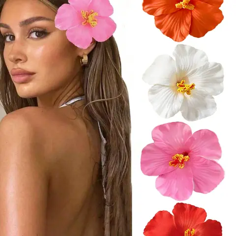 4 Pcs Hibiscus Hawaiian Party DIY Headpiece Decoration, Artificial Flower Hula Girl Souvenir, Summer Beach Vacation Boho Flower Hair Accessories for Women & Girls, Floral Hair Accessories