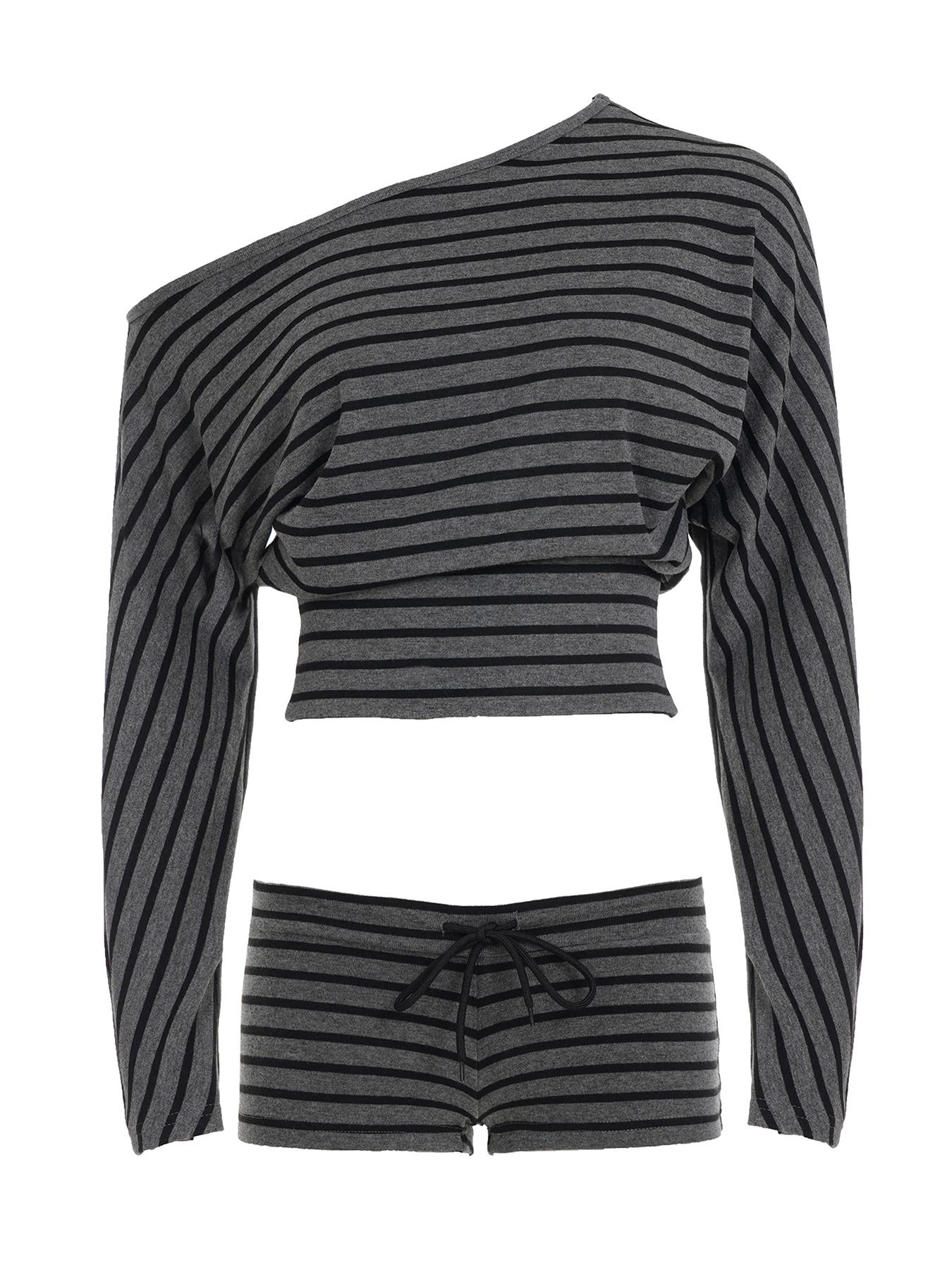 Striped Off-Shoulder Asymmetrical Two-Piece Set, Casual Comfortable Loose Long Sleeve Top + Adjustable Drawstring Waist Shorts