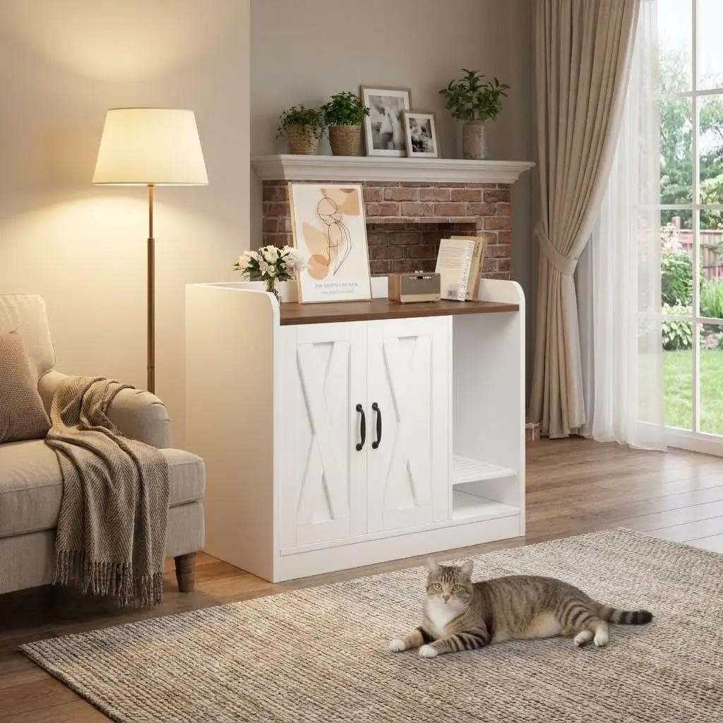 Double Cat Litter Box Cabinet with Divider & Shelf – Wooden Hidden Enclosure, Odor Control Side Table & Storage Bench for 2 Cats – Ventilated Indoor