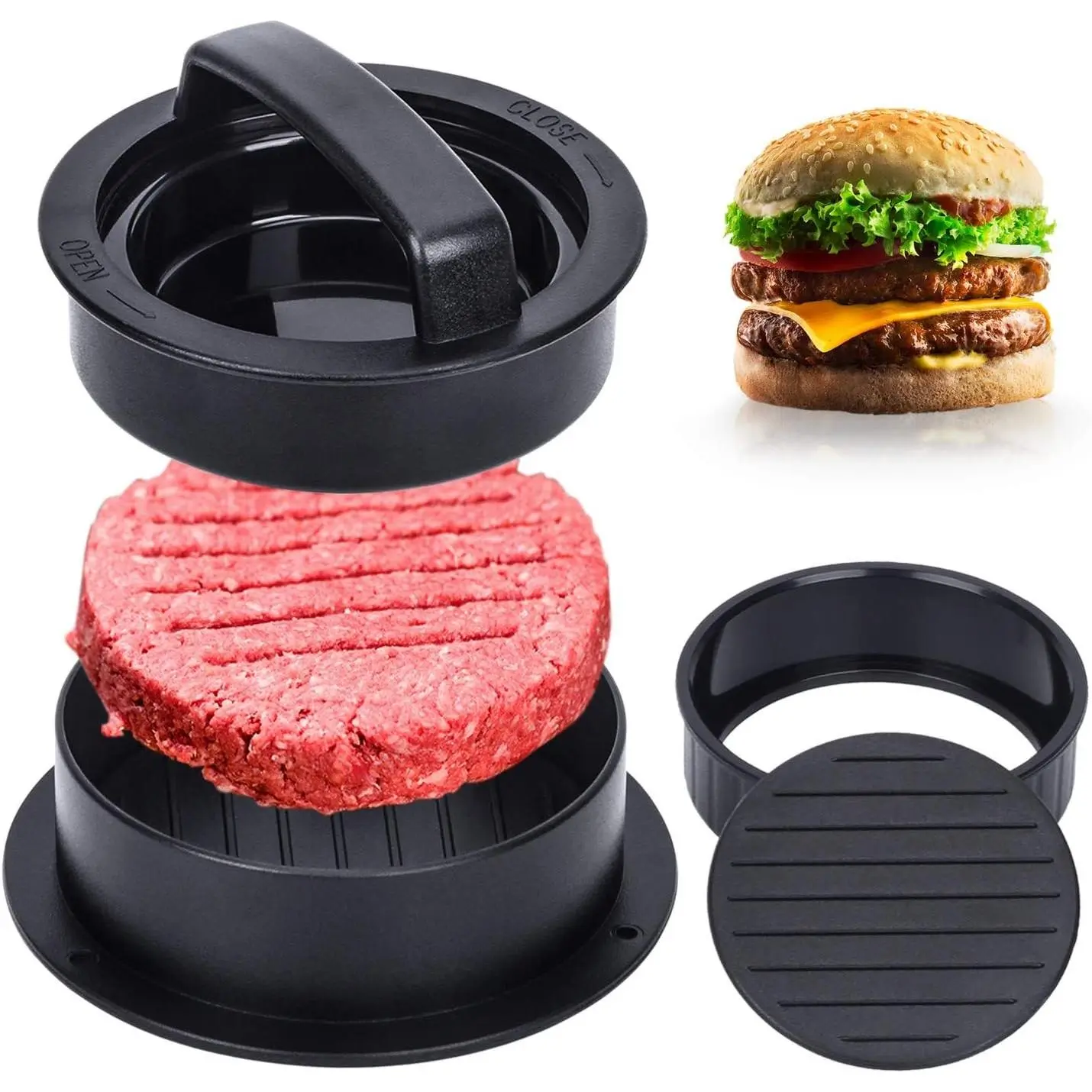 Burger Press Hamburger Press Patty Maker With 100Pcs Hamburger Patty Paper, 3 in 1 Non Stick Patty Mold for Stuffed Burgers, Sliders, Veggie Beef Burger, Kitchen Barbecue Grilling Accessories