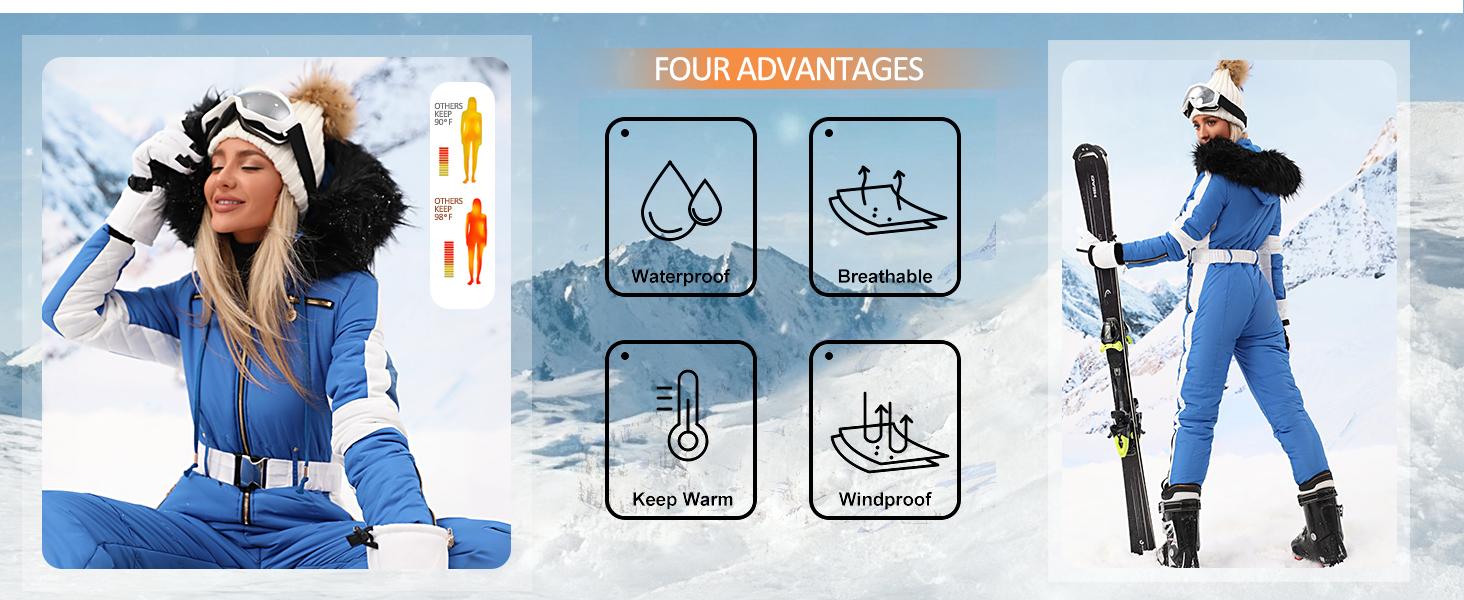 Yousify Womens Snow Suits Winter Ski Suit Onesie Outdoor Sports Waterproof Snowsuit Removable Faux Fur Collar Coat Jumpsuit