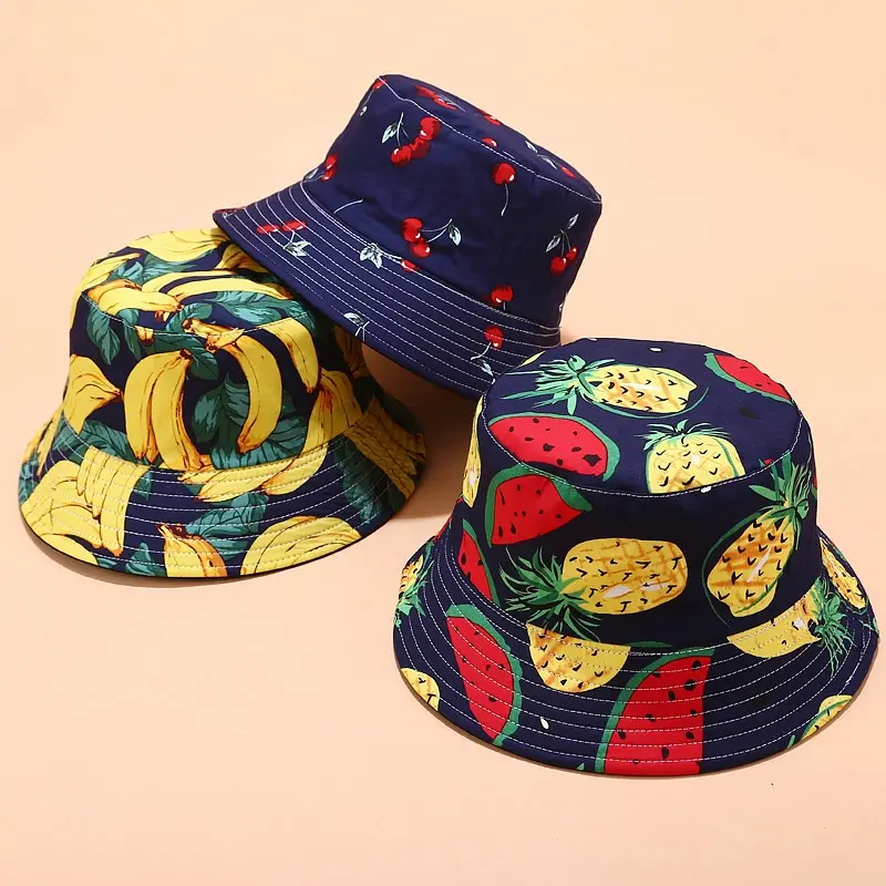 Women's Double-Sided Bucket Hat - Cute Pineapple & Banana Fruit Print, Boho Chic, Banana Logo, Beach Aesthetic, Multi-Color, Cute Girly Summer Fashion Accessory for Beach Outdoor Trips, Light Blue Pineapple Design, Boho Chic Hats, Banana Logo Hats