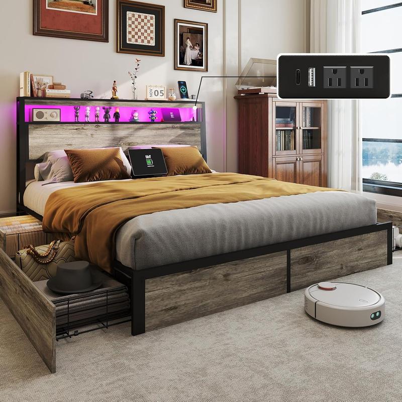 Queen Size Bed Frame with 4 Storage Drawers and Headboard with Charging Station and LED Lights,2 Tier Solid Wood Headboard Storage/Noise Free/No Box Spring Needed/Remote Control/Rustic Grey