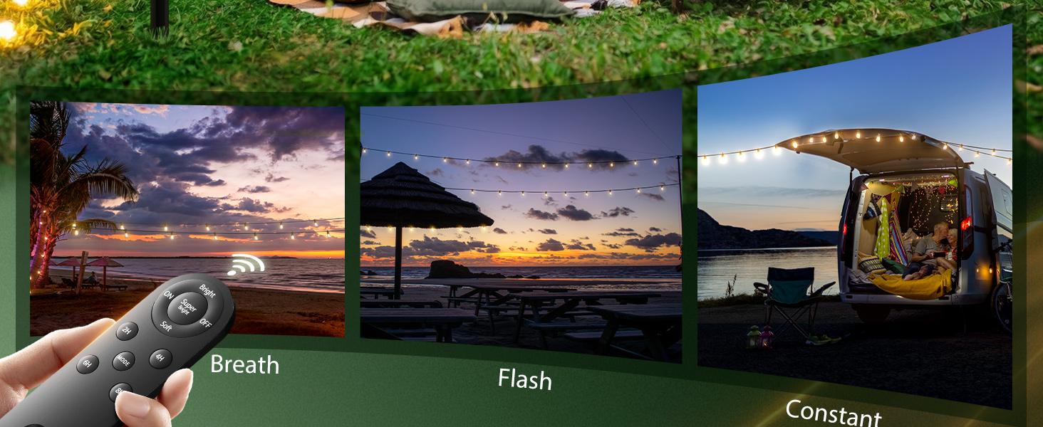 54FT(48+6) Solar String Lights Outdoor Waterproof with USB Charging & Remote Control - Dimmable Solar Power Patio Lights with LED Bulbs for Porch, Garden, Yard, Market, Bistro - Last for 20+Hrs