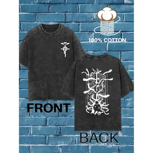 1Pc Heavyweight Sm T-Shirt - Double-Sided Washed Vintage Celtic Knot & Norse Rune Back Print ( ), Front Plain Grey, Viking-Inspired Casual Tee, All-Season Round Neck Shirt For Casual Attire Or Norse Gift