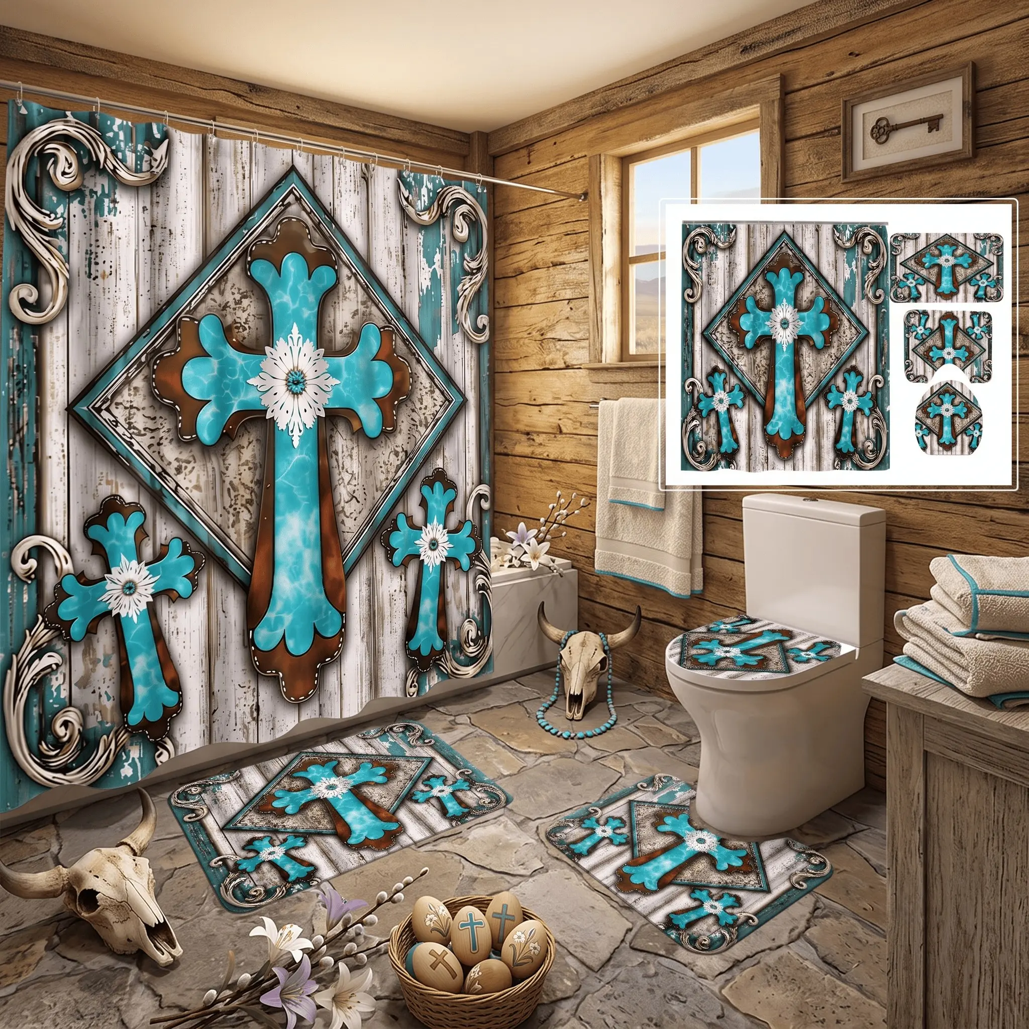 4pcs Rustic Western Turquoise Crosses Shower Curtain Set, 4 Piece Vintage Bathroom Decor, Non-Slip Mats,The floor mat fabric is thicker and softer!  Farmhouse Style, Easter Accent