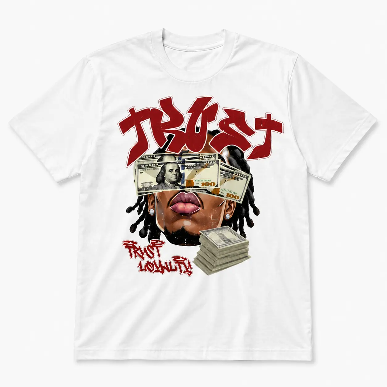 Unisex Retro Hip Hop Graphic T-Shirt, Hustle Wealth Portrait Art Print With Trust & Loyalty Motivational Slogan, Distressed Graffiti Letter Oversized Cotton Urban Streetwear Tee