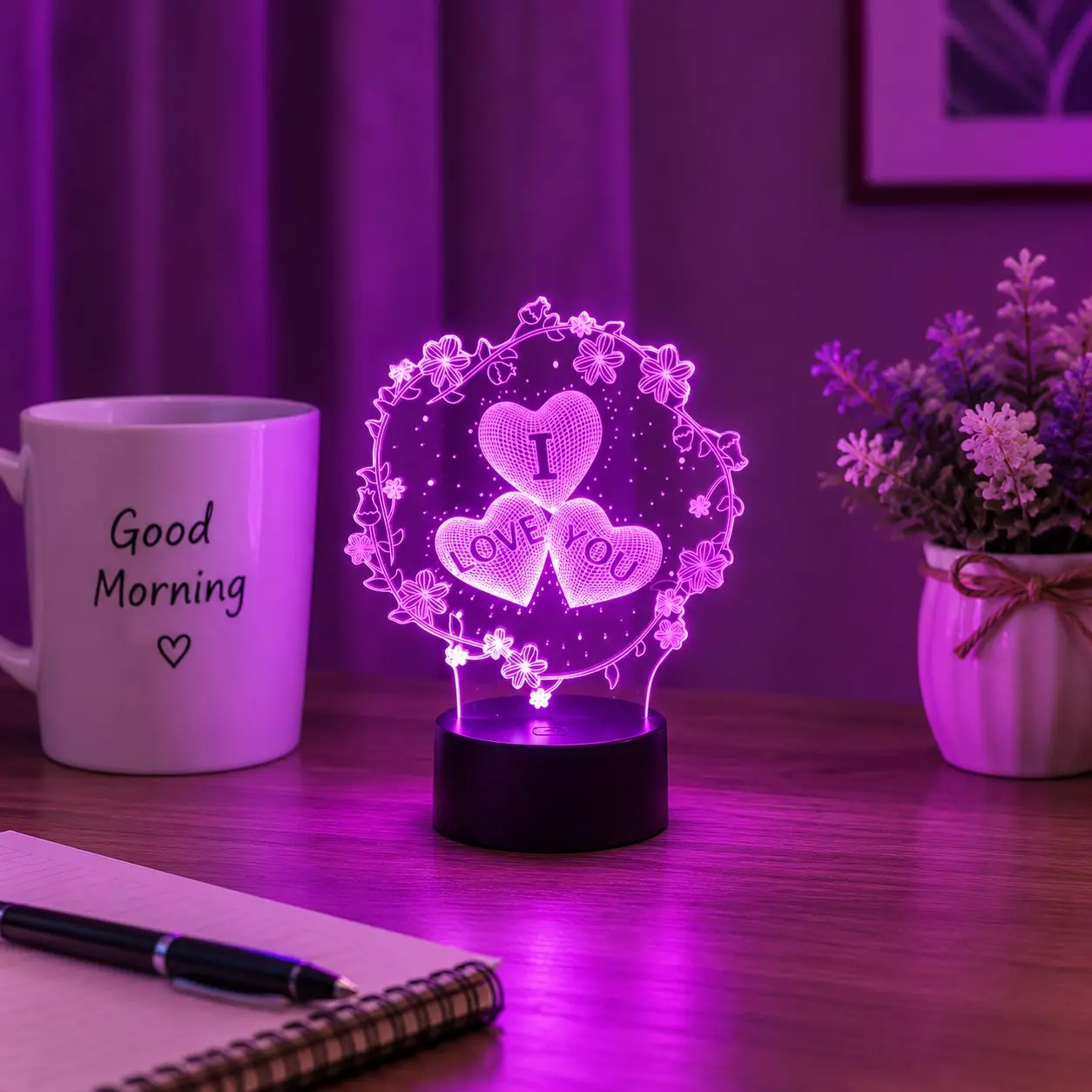 3D Creative Heart Flower LED Night Light, Multi-Color Touch Mode, Home & Commercial Decor Atmosphere Lamp, Party Light, Holiday Gift, Heart Shape Light, Led Decoration