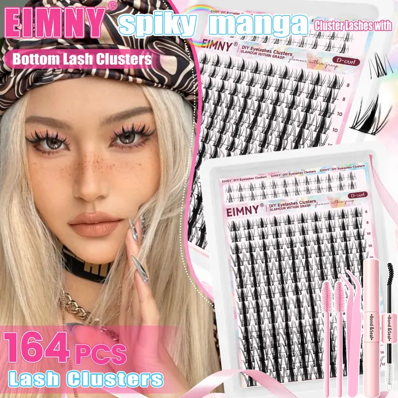 164Pcs Fairy Lash Clusters Kit, with Bottom Lash, Manga Eyelash Extension Kit with Bond & Seal, Tweezers and 2Brush, C Curl Spiky Wispy Natural Lash, 8-16mm Anime Lash Extension Kit for Beginner at Home Eyelashes Clusters
