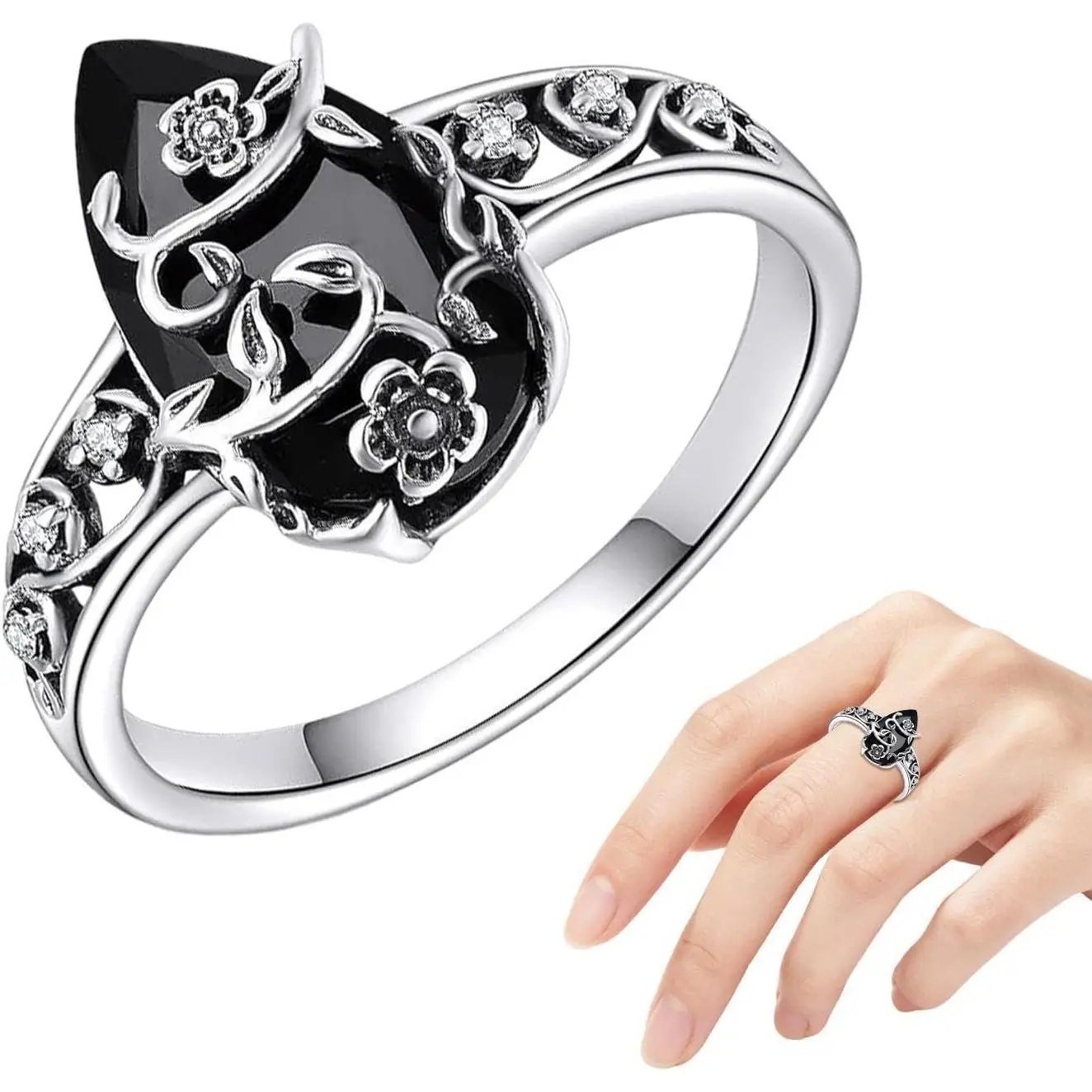 Vintage Gothic Teardrop Black Onyx Ring, Antique Silver Floral Vine Hollow Filigree Band, Band Width 4mm, Weight 6.8g, Nickel-Free Hypoallergenic, Witchy Dark Academia Accessory, Halloween & Birthday Statement Jewelry Gift for Women