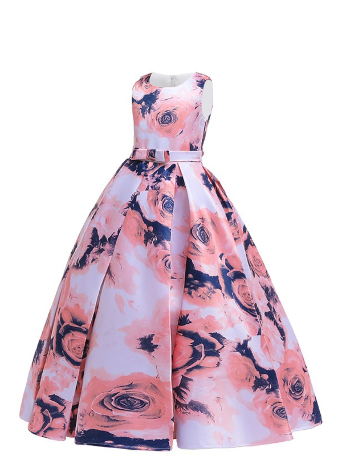 Girl's All Over Floral Print Bow Back Plicated Tank Dress, Elegant Sleeveless Round Neck Maxi Dress for Party Performance Wedding Guest, Floral Printed Dress, Kids Clothes for All Seasons