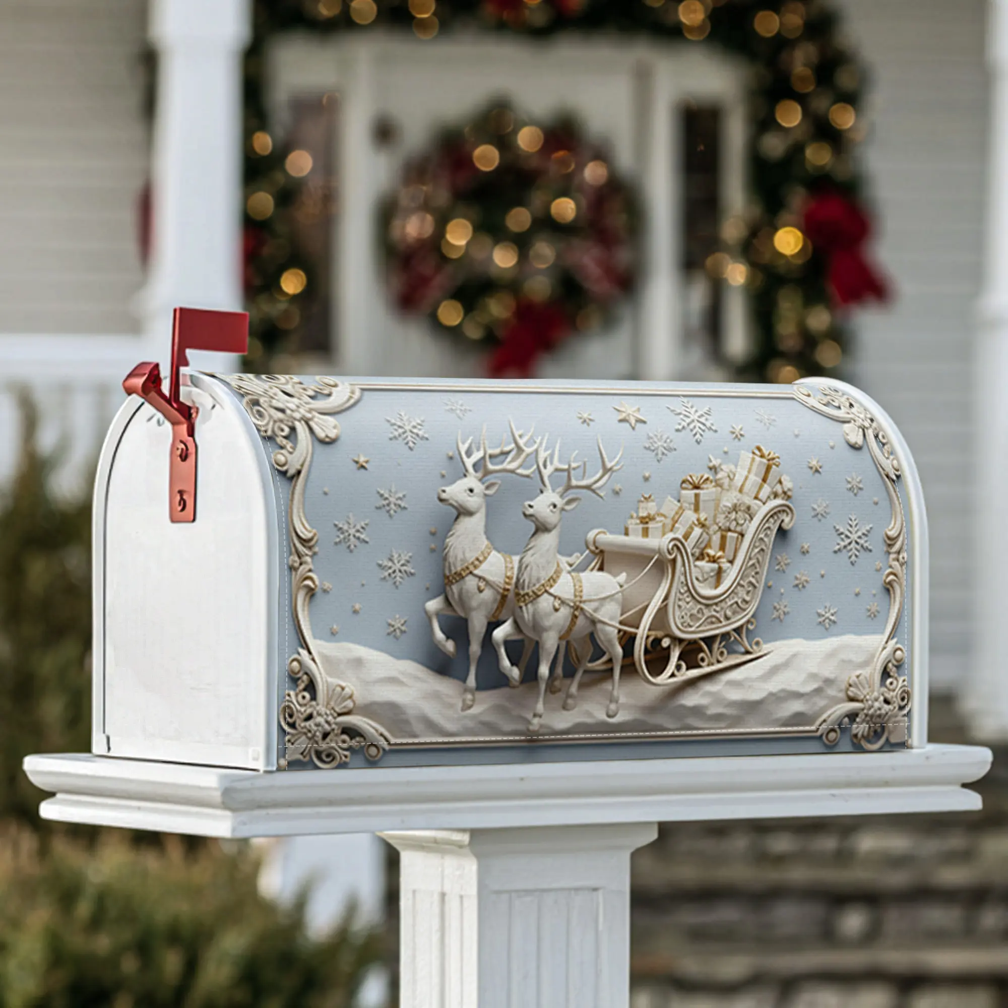 reindeer Magnetic Mailbox Covers, Christmas festive sleigh presents Christmas blue Decorative Mailbox Cover for Outdoor Garden Yard Decor