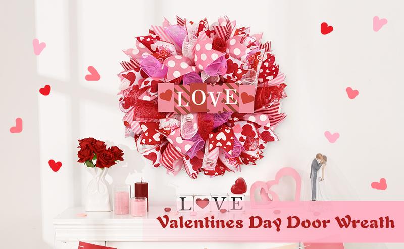 Waipfaru 17 Inch Valentines Day Mesh Wreath,Valentines Wreaths for Front Door with Love Wooden Sign Fishnet Yarn, Valentines Day Wedding Decorations for Indoor and Outdoor