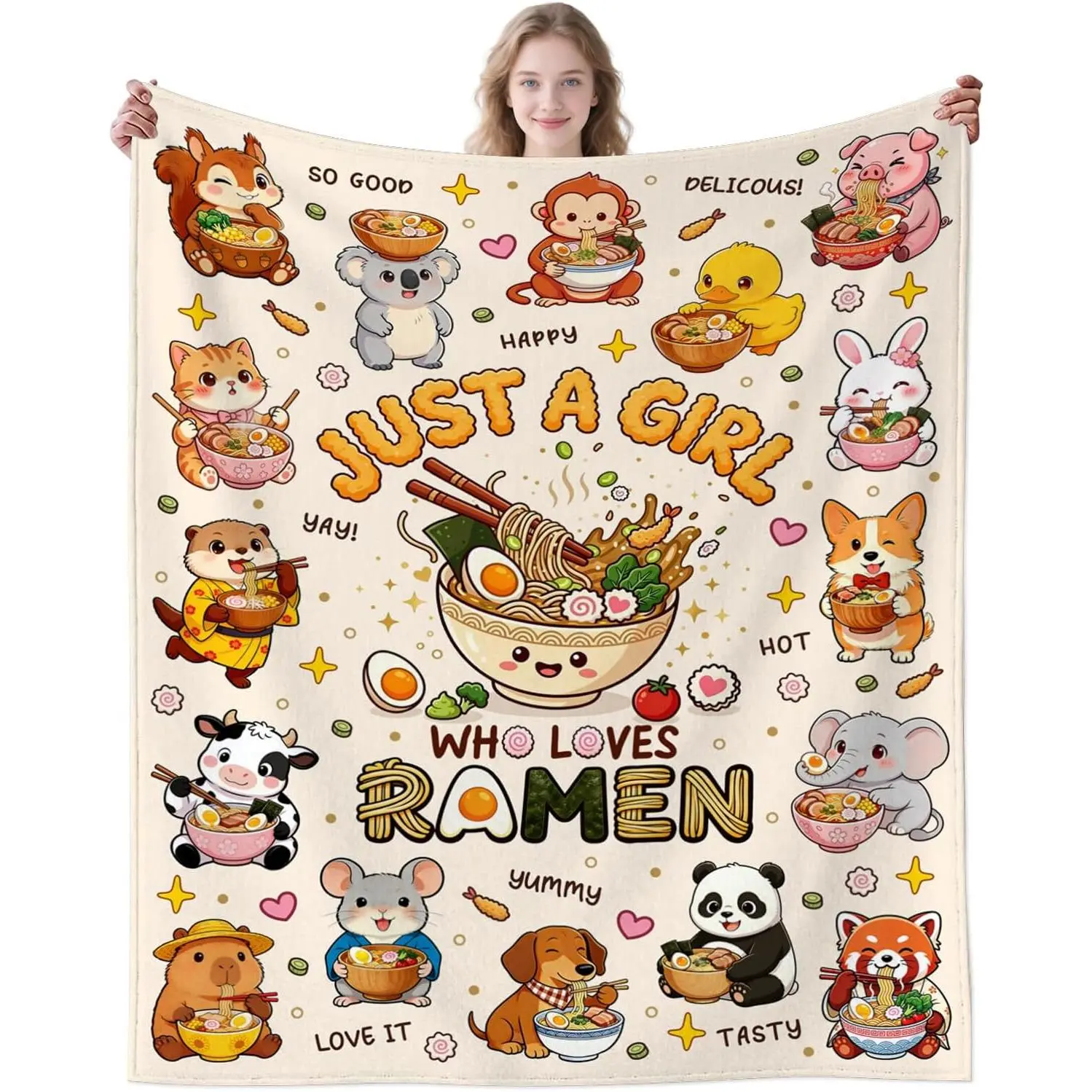 Ramen Blanket Soft Cozy Flannel Blanket Animals Funny Ramen Theme Blanket Bedding Decor Gifts for Ramen Lovers Girls Kids Women Adults