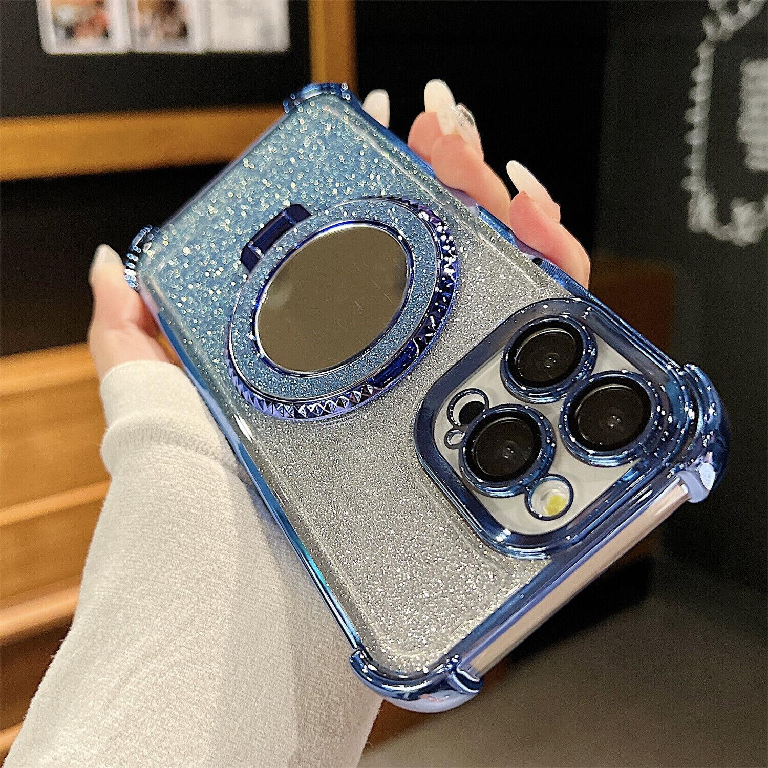 OREKROY Mirror Bling Case Ring Kickstand MagSafe Cover For iPhone 16 Pro Max 15 14 13 12,Anti-fall Shockproof Bling-bling twinkle Phone Cover,Phone Accessories