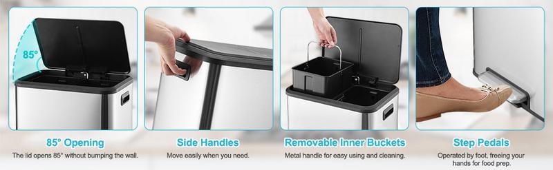 GARVEE 2x4 Gallon Stainless Steel Dual Trash Can and Recycling Bin with Removable Inner Bin and Soft Close Lid for Home Office and Business Use, Elegant Silver Design for Modern Spaces.